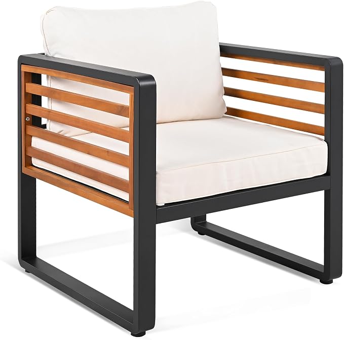 ERYE Large Size 4-Pieces Patio Conversation Set Modern Outdoor Furniture Sofa for 5 Person, Garden Furniture Set with Removable Cushion, Metal Frame and Acacia Wood Tabletop