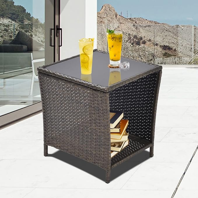 Patio Wicker Storage Side Table,Outdoor PE Rattan Woven Coffee End Table with Tempered Glass Top for Indoor Outdoor Porch Lawn Poolside Garden Backyard Balcony(Dark Blonde)