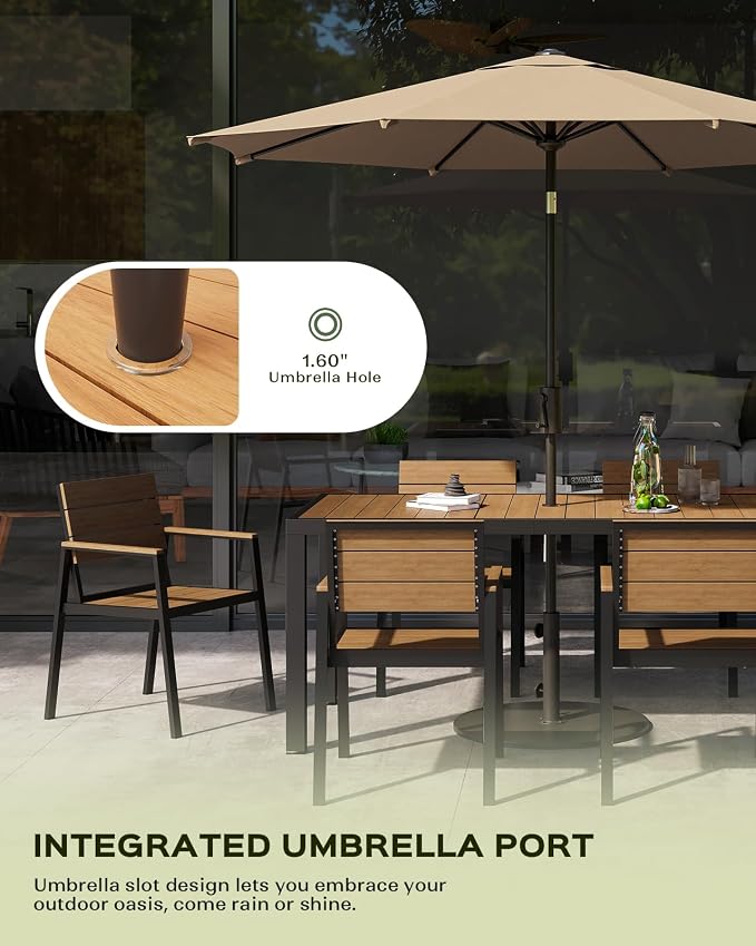 Vexwalx 67" HDPS Outdoor Patio Dining Table, Aluminum-Edged Outdoor Dining Table with Umbrella Hole, Weather-Resistant for Lawn, Garden, Poolside and Indoor Use, Gray&Teak