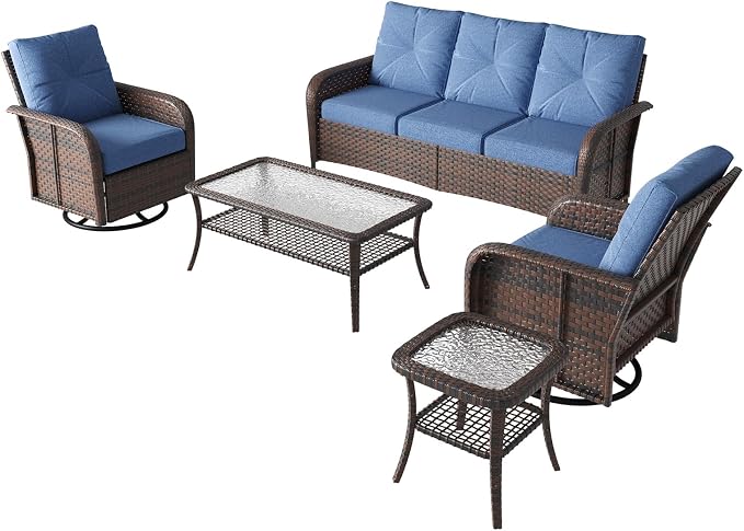LazySunsets 7 Piece Outdoor Patio Furniture Set with Coffee Table, Wicker Rattan Outdoor Furniture with High Back Swivel Rocker Chairs, Outdoor Conversation Set with Thick Cushion, Navy Blue