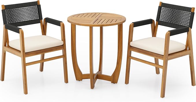 Christopher Knight Home Zed 3 Pieces Outdoor Dining Set, Acacia Wood Dining Chairs and Table, Slats Panel Design Round Table, Wooden Frame, 2 Seater Bistro Set for Balcony Backyard Garden, Teak+Black