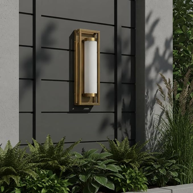 Hyunbae Mid Century Modern Outdoor Wall Sconce, Brushed Antique Brass | 15W Integrated Dimmable LED, 3000K Warm White, For House Patio Porch Garage Entryway Doorway, 16" Exterior Light