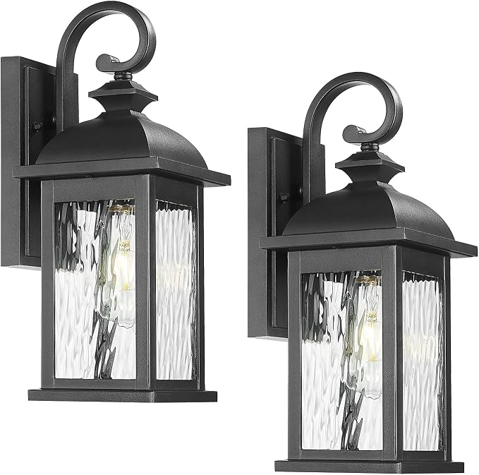 FEMILA 2 Packs Outdoor Waterproof Wall Lights Fixture, 15" Wall Lantern for Porch, Anti-Rust Matte Black Finish with Water Ripple Glass,4FD54B-2PK BK-WP