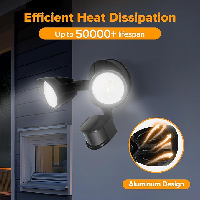 UME LED Security Light Motion Sensor Outdoor Lights, 27W 3500LM, 5000K, IP65 Waterproof, Dusk to Dawn, 2 Head Motion Detector Flood Light for Outside, Garage, Yard (Black)