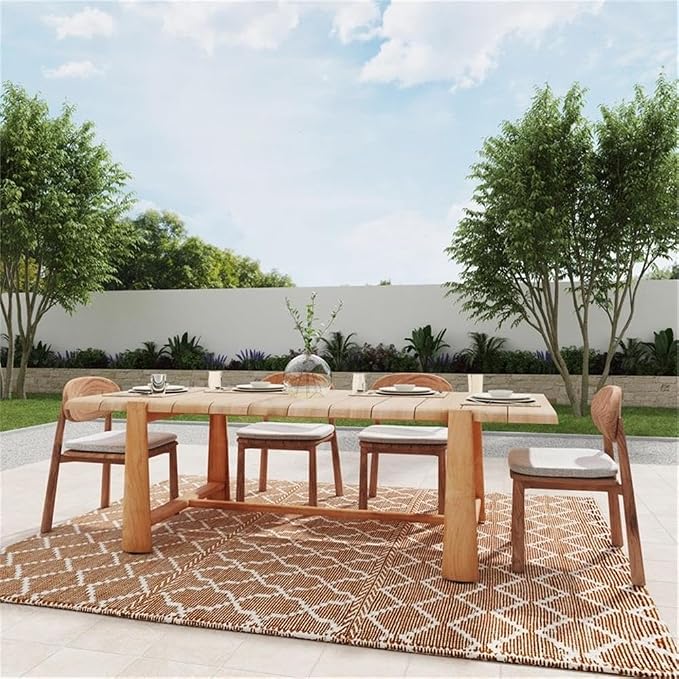 Pemberly Row 94" Teak Wood Outdoor Dining Table, Natural Matte Finish, Seats 8, Plank-Style Top, Durable Patio Furniture for Outdoor Gatherings, 94Wx39Dx30H, Plastic Floor Protectors