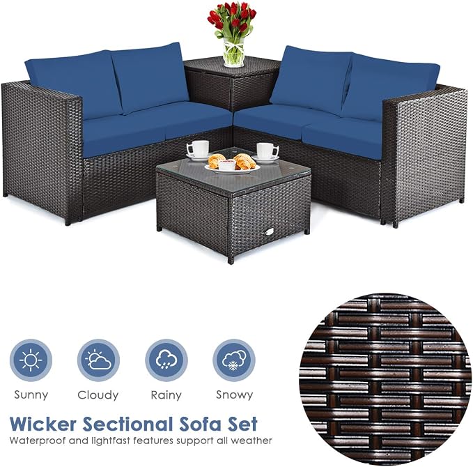 HAPPYGRILL 4PCS Patio Furniture Set Outdoor Rattan Wicker Conversation Sofa Set with Storage Box & Tempered Glass Coffee Table for Backyard Garden Porch