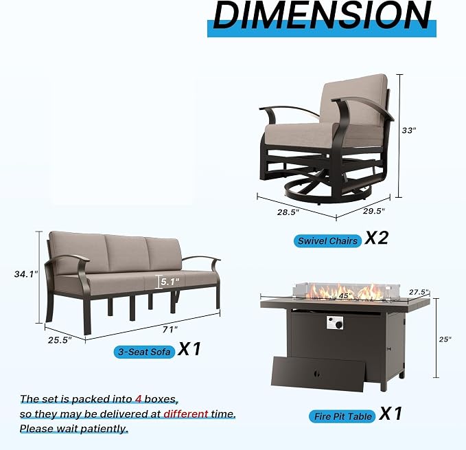 Gotland Aluminum Patio Furniture Set with Fire Pit Table, Metal Patio Furniture with 2 Swivel Rocking Chairs Waterproof 5.1'' Seat Cushions, Oversized Outdoor Sectional for Garden Balcony Porch Khaki