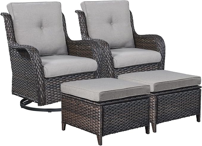 Rilyson Luxury 4 Pieces Patio Wicker Furniture Set, Outdoor Rattan Bistro Set with Rocking Swivel Chair, Ottoman and Thickened Cushions (Brown/Grey)