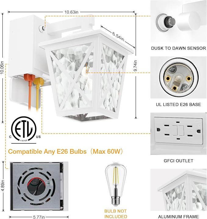Ehaho Porch Lights with GFCI Outlet Aircraft Grade Aluminum Alloy-White 1PC | Dusk to Dawn Outdoor Lights Waterproof IP 68 Upgraded 3 Lighting Modes Exterior Light with Plug for Front Door Patio Garage