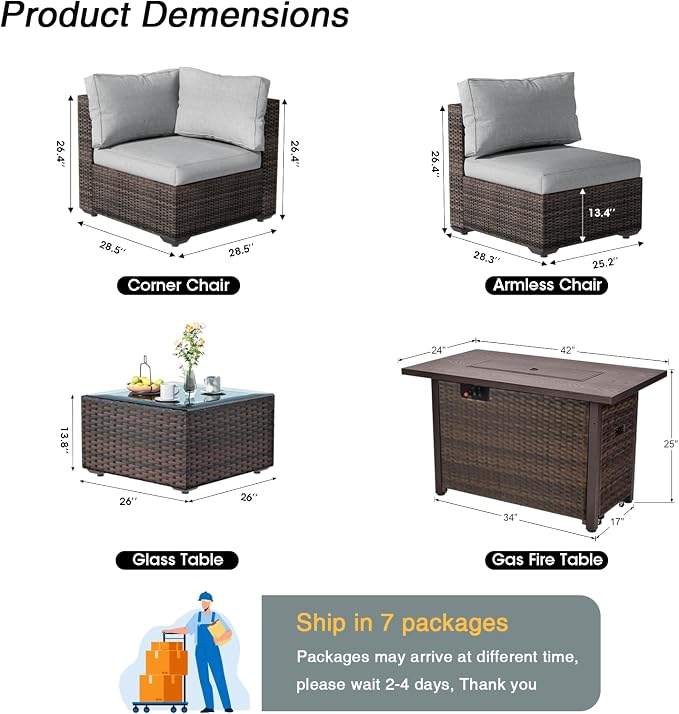 Patio Furniture Set 15 Pieces with 44" Fire Pit Table, Rattan Outdoor Sectional Conversation Sets, All Weather Outdoor Furniture Set with Cushions for Garden Lawn Balcony Porch Deck Grey