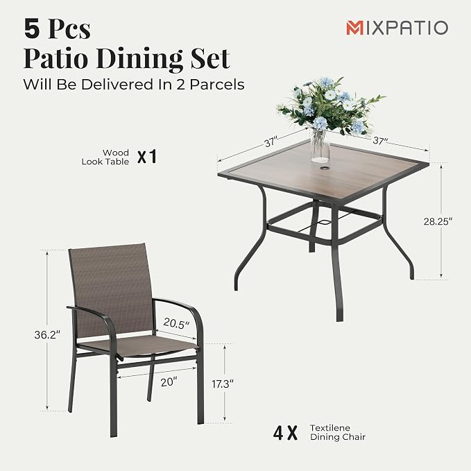 MIXPATIO 5 Pieces Patio Table and Chairs Set, 4 Person Outdoor Dining Furniture Set, 4 Brown Textilene Chairs and 37" Wood-Like Table Top Table with Umbrella Hole, for Deck Backyard Lawn