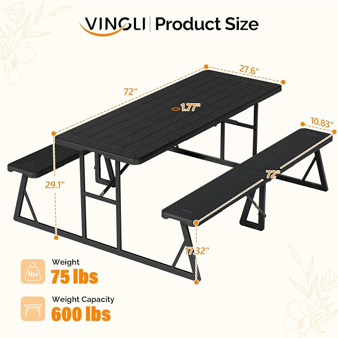 VINGLI Outdoor Picnic Table with Umbrella Hole, 6FT All Weather Metal Frame HDPE Tabletop Plastic Picnic Table for Dining Party Garden(Black)