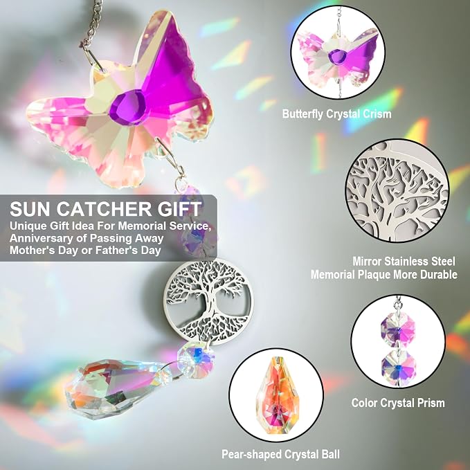 Unique Memorial Sympathy Gifts for Loss Loved One,Bereavement Gift Idea Crystal Rainbow Maker Butterfly Suncatcher in Remembrance Gifts for Grief Sorry for You Loss Mum Dad