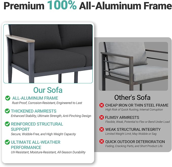 Aluminum Outdoor Patio Furniture Set 7-Seat, Patio Conversation Set Sectional Furniture Set with High Backrest & Thickened Cushions for Garden, Backyard, Poolside, Dark Grey