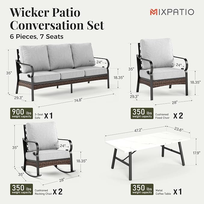 MIXPATIO Patio Furniture Set with Fire Pit Table, Metal Outdoor Conversation Set with 5.75'' Extra Thick Cushion, 2 Swivel Chairs, 2 Leg Chairs, 3-Seat Sofa and Gas Fire Pit Table, Light Grey