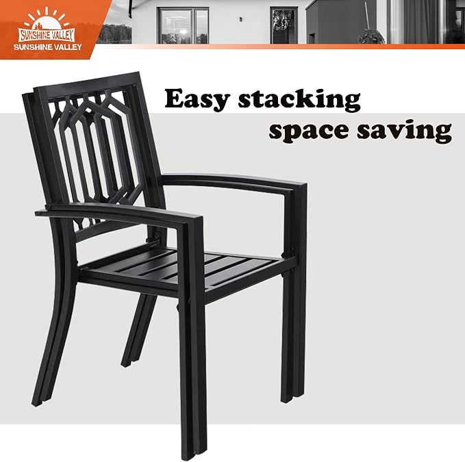 SUNSHINE VALLEY 7 Piece Patio Dining Set for 6, 67x38 Wood-Like Metal Table with Umbrella Hole and 6 Pcs Rust-Proof Stackable Chairs, Outdoor Table and Chairs Set for Backyard Garden Deck (Style 3)