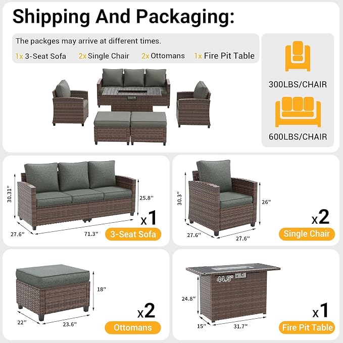 6 Pcs Patio Furniture Set with 44" Propane Gas Fire Pit Table, Rattan Outdoor Couch with Ottomans, 4" Thick Cushions for Backyard Garden Deck,Dark Grey