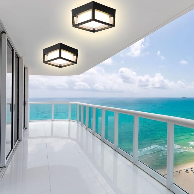 Outdoor Ceiling Porch Light LED Flush Mount for Wall or Ceiling, Square Exterior Wall Lamp for Patio Balcony Terrace, 3000K Warm Color, 125w Equivalent, Black, Wet Location, Small 6.3"x6.3"x4.3"