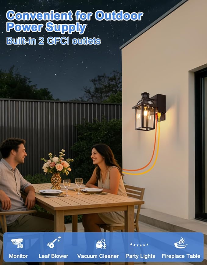 Porch Light with GFCI Outlet and Remote, Motion Sensor, Brown, 2 Pack | Dusk to Dawn Motion Sensor Outdoor Light 4 Lighting Modes Exterior Fixture Outside Lights for Porch Garage House