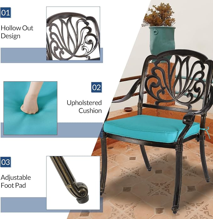9-Piece Patio Cast Aluminum Dining Set, 8 Person Outdoor Dining Furniture Set, Includes 8 Cushioned Chairs and 61" Large Round Dining Table with 31" Lazy Susan, Umbrella Hole, Ocean Blue
