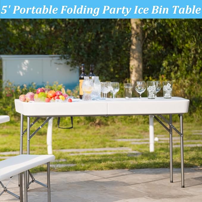 5 Foot Folding Ice Cooler, Outdoor Buffet Cold Food Keeper with Drain Hose, Foldable Beverage Cooler Buffet Salad Serving Chill Table for Party, Picnic, BBQ, Camping