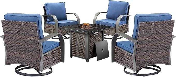 HUMMUH Outdoor Furniture with Fire Pit -Patio Table and Chairs Set of 4 Swivel Patio Chairs for Deck Porch Garden Poolside Backyard-Brown/Blue
