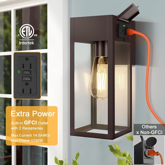 Porch Lights Outdoor Wall Sconce, Outdoor Light with GFCI Outlet, Waterproof Exterior Wall Lantern Light Fixtures, Anti-Rust Wall Lamp for Patio Doorway Garage- Bronze, 1 Pack
