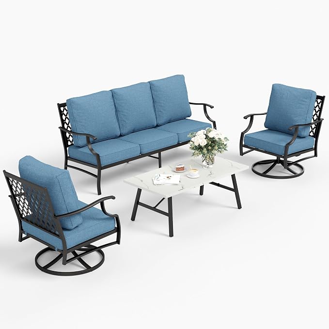 SUNSHINE VALLEY 4 Piece Metal Outdoor Patio Furniture Set, Patio Conversation Sets 1 3-seater Sofa, 2 Swivel Chair with 5.75" Extra Thick Cushion and Coffee Table, Black Frame Backyard Furniture, Navy