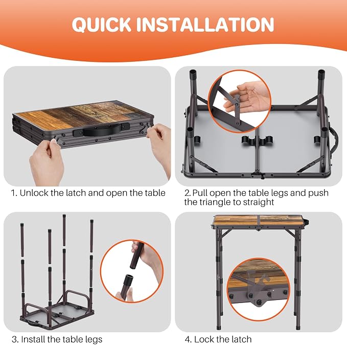FUNYKICH 2ft Small Folding Camping Table(22.8'' Lx15.7'' W), 3 Height Adjustable Portable Picnic Table, Lightweight Aluminum Outdoor Table with Carry Handle for Camping, BBQ, Beach, Picnic, Brown