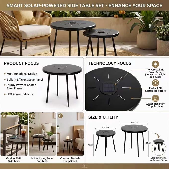 Solar Outdoor Side Table with Light Set of 2, Modern Round Patio Side Tables for Outside, Metal Outdoor End Accent Table for Living Room, Patio, Poolside, Backyard, Garden, Black