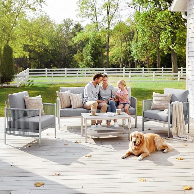 Aluminum Patio Furniture Set, 4 Seats Modern Outdoor Sectional Furniture with PE Rope & Dual-Layer Coffee Table, Luxury Patio Conversation Sets with 6" Cushions for Backyard/Garden, Silver