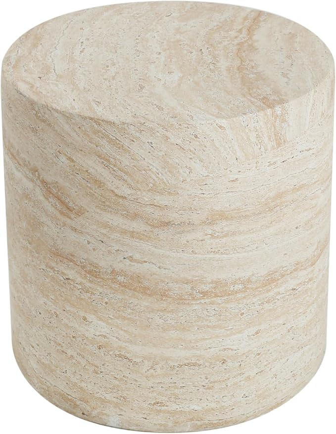 Outdoor Side Table Marble Cylinder Side Table Travertine End Tables Faux Stone Small Coffee Tables for Patio, Garden Stool Plant Stand for Porch Backyard, ﻿﻿Weather Resistant, MgO, Beige
