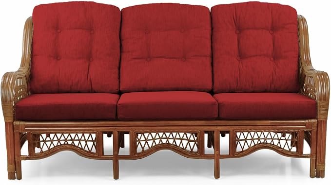 Malibu Lounge Set of 4: 2 Natural Rattan Wicker Chairs, Three-Seater Sofa with Cushions and Coffee Table with Glass Handmade, Colonial Color