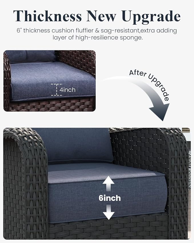 LayinSun 3 Piece Wicker Outdoor Furniture Set with 6-inch Comfy Cushions, High Back Patio Furniture Set with Rattan Armchairs and Side Table