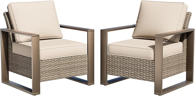Patio Metal Wicker Chairs Set of 2, All Weather Outdoor Rattan Dining Chairs with Rectangular Framed Wood-Looking Metal Armrest & Fade-Resistant Cushions for Deck Balcony Backyard, Beige
