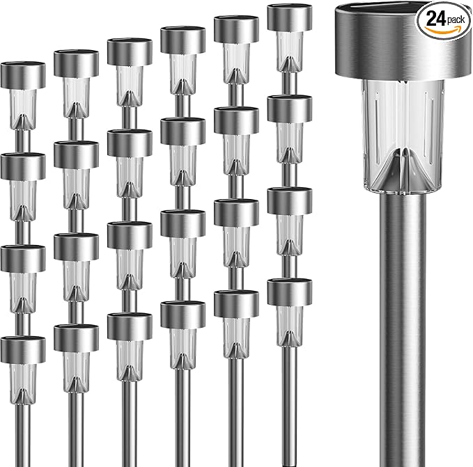 GIGALUMI 24 Pack Solar Lights Outdoor Waterproof, Stainless Steel | Solar Pathway Lights, Solar Garden Lights for Patio, Lawn, Yard and Landscape LED (Warm White)