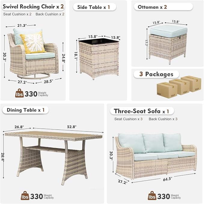 MEISSALIVVE 7 Pieces Patio Furniture Set with Swivel Chairs, Wicker Patio Conversation Set, Outdoor Patio Set with 2 Swivel Rocking Chair & Sofa, 2 Ottomans and Dining Table (Blue)