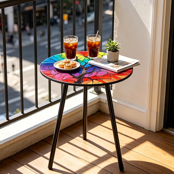 Outdoor Side Table Set of 2 Patio Side Tables for Outside Black End Tables Small Outdoor Table Round Patio End Table Metal Side Table Outside, Indoor, Bedroom, Living Room, Small Spaces, Rainbow Tree
