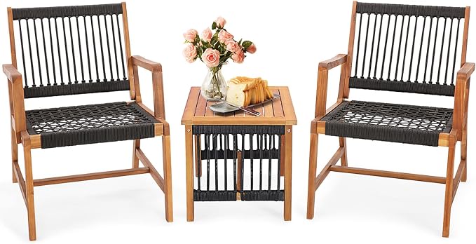 Tangkula 3 Pieces Acacia Wood Outdoor Furniture Set, All-Weather Rope Woven Bistro Set with Armchairs and Coffee Table, Patio Conversation Set for Front Porch, Deck, Balcony