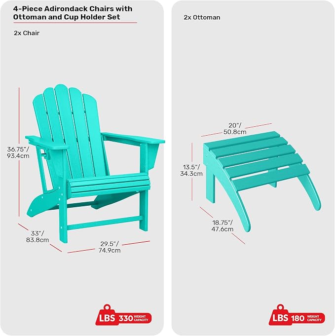 Costaelm Lakeview 4-Piece Outdoor Patio HDPE Adirondack Chairs with Ottomans and Cup Holder Set, Turquoise