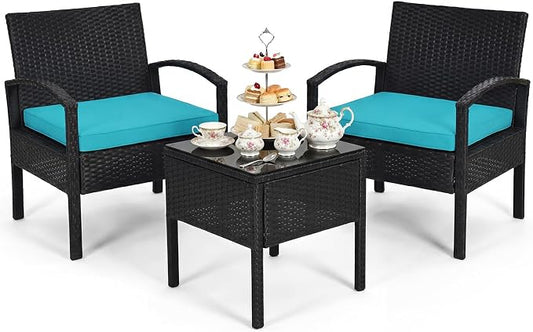 Tangkula 3 Pieces Patio Wicker Conversation Set, Outdoor Rattan Furniture with Washable Thick Cushion & Coffee Table w/Storage Space, Patio Furniture Set for Backyard Porch Garden Poolside (Turquoise)