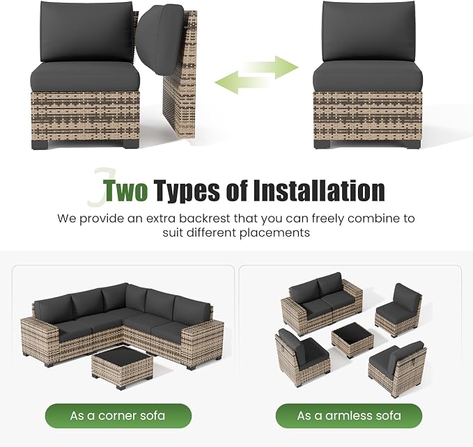 Amopatio 6 Piece Patio Furniture Set with 8" Armrest & 4" Thiken Cushion, Outdoor Wicker Rattan Sectional Sofa Conversation Set for Backyard, Garden, Poolside(Grey Cushion)