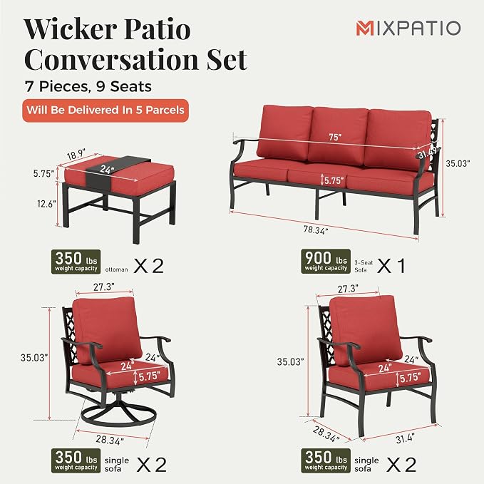 MIXPATIO Patio Furniture Set 7 pcs, Outdoor Patio Furniture, 3-Seat Sofa, 2 Single Chairs, 2 Swivel Chairs, 2 Ottomans and 5.75" Extra Thick Cushion, Patio Conversation Set for Backyard Deck,Red