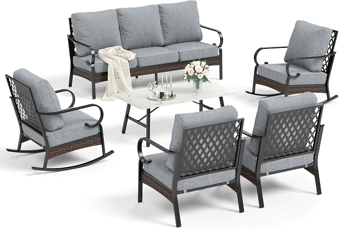 HERA'S HOUSE 6 Piece Patio Furniture Set, 2 x Fixed Chair, 2 x Rocking Chair, 1 x 3-Seat Sofa with Coffee Table, All Weather Patio Conversation Set for Lawn Garden Backyard Deck, Grey