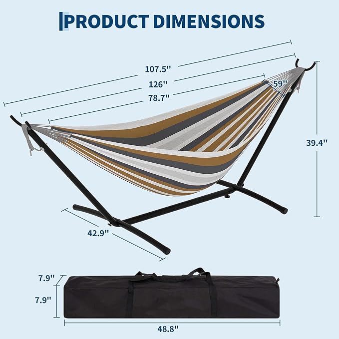 Double Hammock with Space-Saving Steel Stand - 2 Person Portable Heavy Duty Hammock with Carrying Bag for Outdoors & Indoors, Easy Assembly, 350 lbs Capacity, Brown Stripes