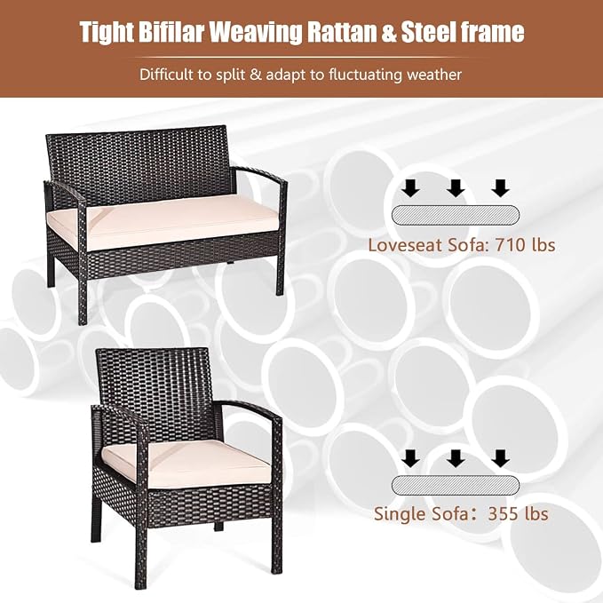 COSTWAY 4 PCS Patio Rattan Conversation Furniture Set Cushioned Seat Glass Tabletop
