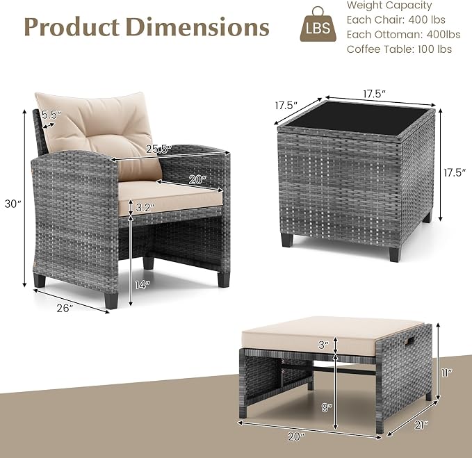 HAPPYGRILL 5-Piece Outdoor PE Rattan Conversation Set, Wicker Patio Furniture Set with Cushion, Ottoman & Coffee Table for Backyard Garden Poolside Lawn Deck Porch (Mix Grey & Beige)