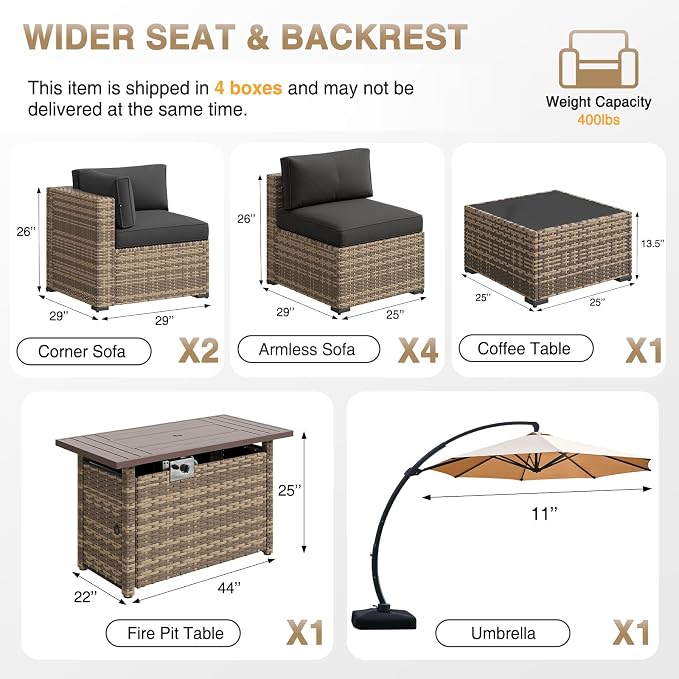 Aoxun Patio Furniture Sets, 9-Piece Outdoor Patio Furniture with 44'' Propane Gas Firepit Table and 11FT X 11FT Cantilever Umbrella, Wicker Outdoor Conversation Set for Backyard