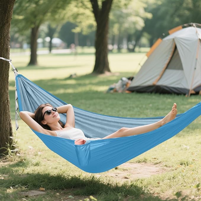 Blue Solid Color Camping Hammock, Portable Lightweight Single Hammock with Tree Straps and Aluminum Carabiners, 114" x 54" Travel Hammock for Hiking Backpacking Beach