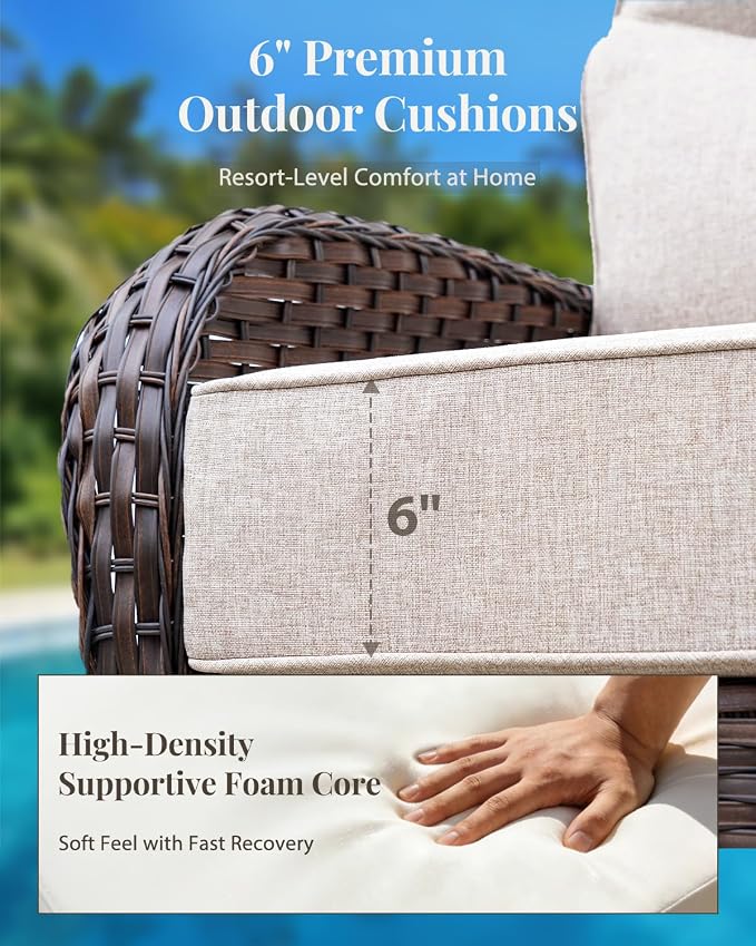 Patio Furniture Set with Luxury 6" Cushions, 6 Pieces Swivel Rocking High Back Patio Chairs, Outdoor Wicker Conversation Set for Deck, Porch, Backyard, Poolside, Beige
